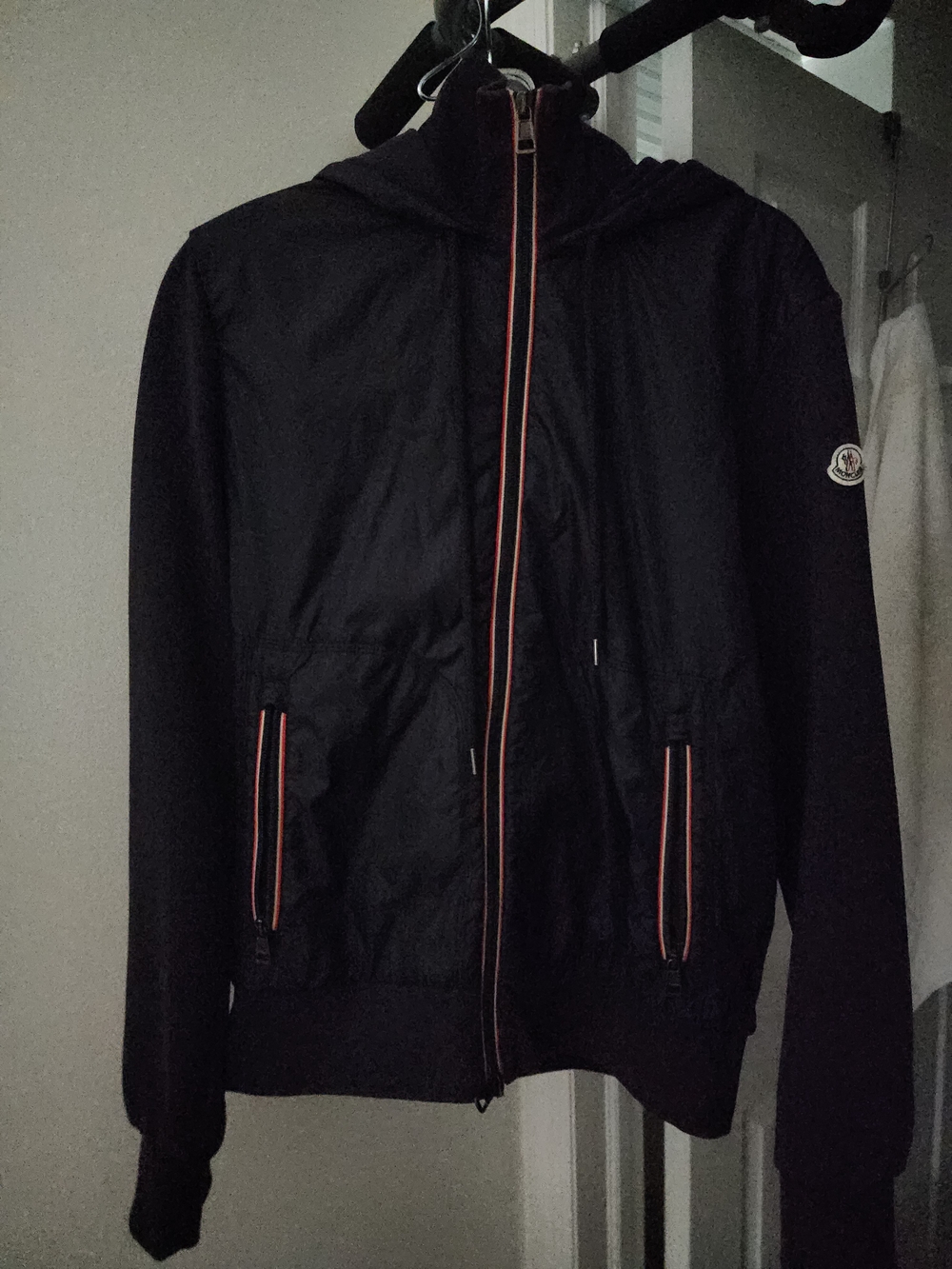 Authentic Moncler Navy Hooded Windbreaker with Orange Trim